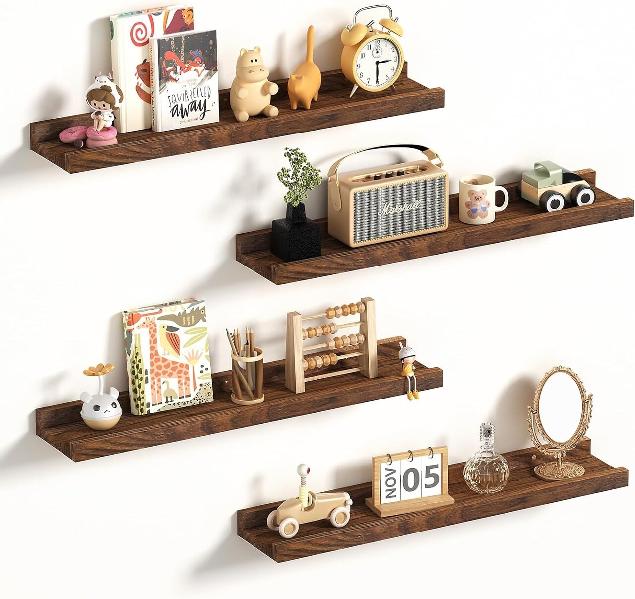 2Pcs Small Brown Solid Wood Floating Shelves Wall Storage Rack with Ledges Books